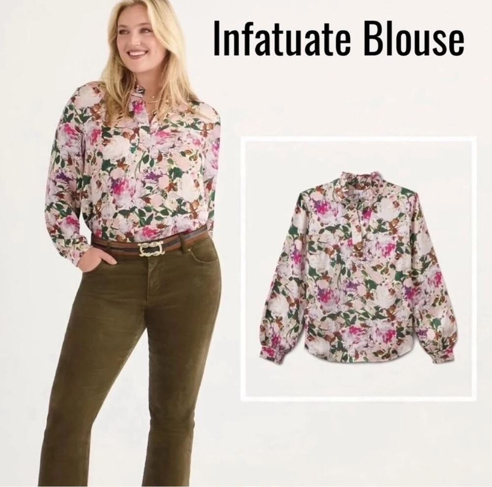 Cabi Infatuate Blouse #4821 Floral Pink Green Long Sleeve Size L EUC
